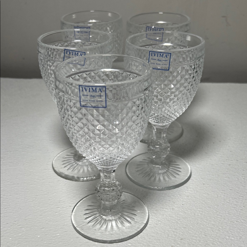 Vintage 50's Handmade Clear Glass Diamond Point Goblets Ivima Portugal Set 5